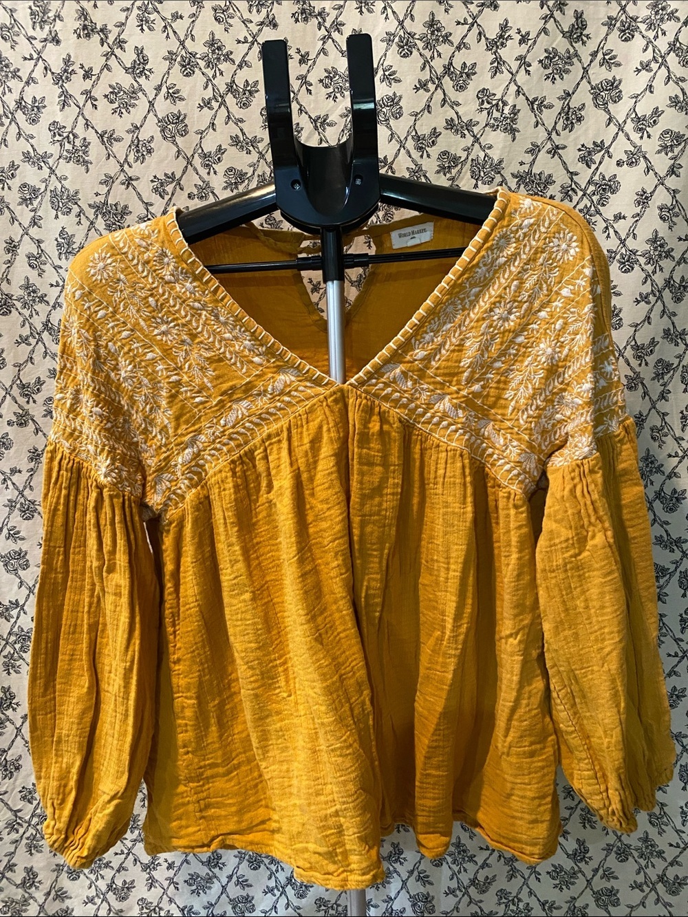 World Market Cotton Mustard Yellow Embroidered Peasant Top